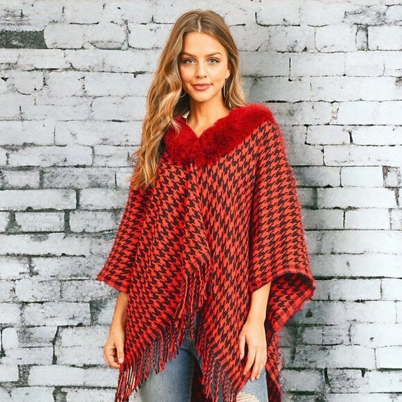 Boutique Accessories - Houndstooth Poncho Red Faux Fur